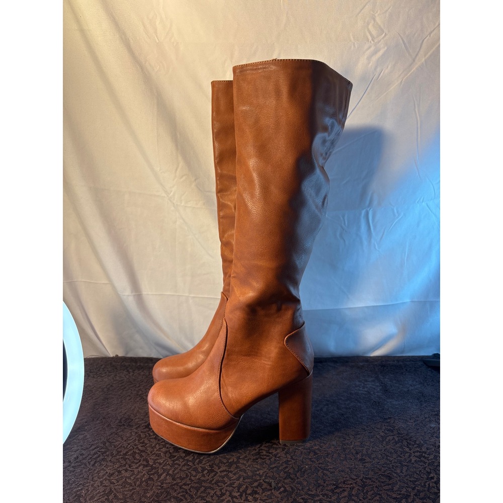Chase + Chloe Tan Platform Knee-High Heeled Boots - Picture 2 of 9